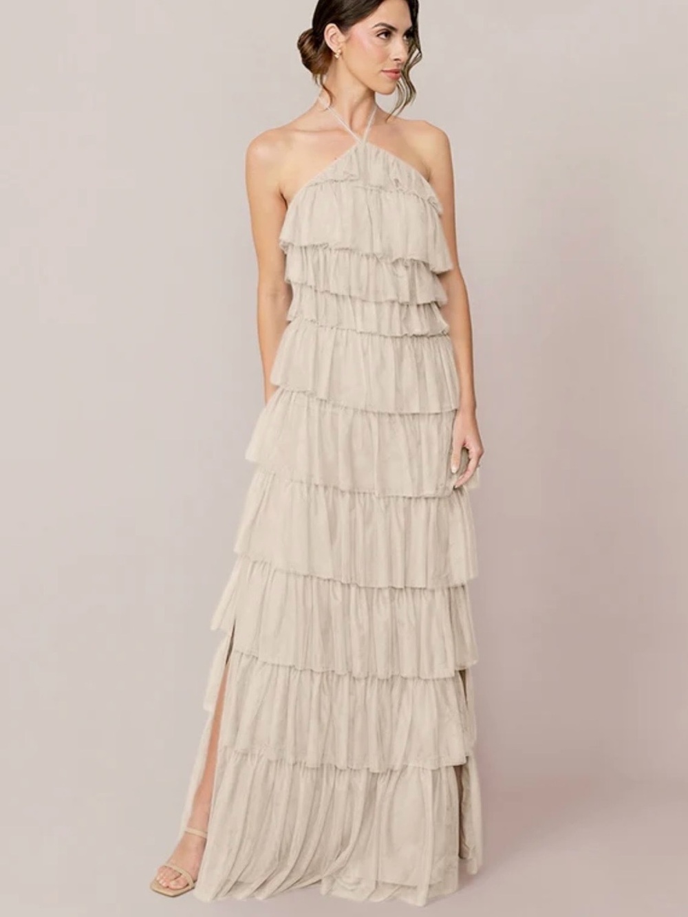 Revelry Tiered Halter Maxi Dress in Light Beige